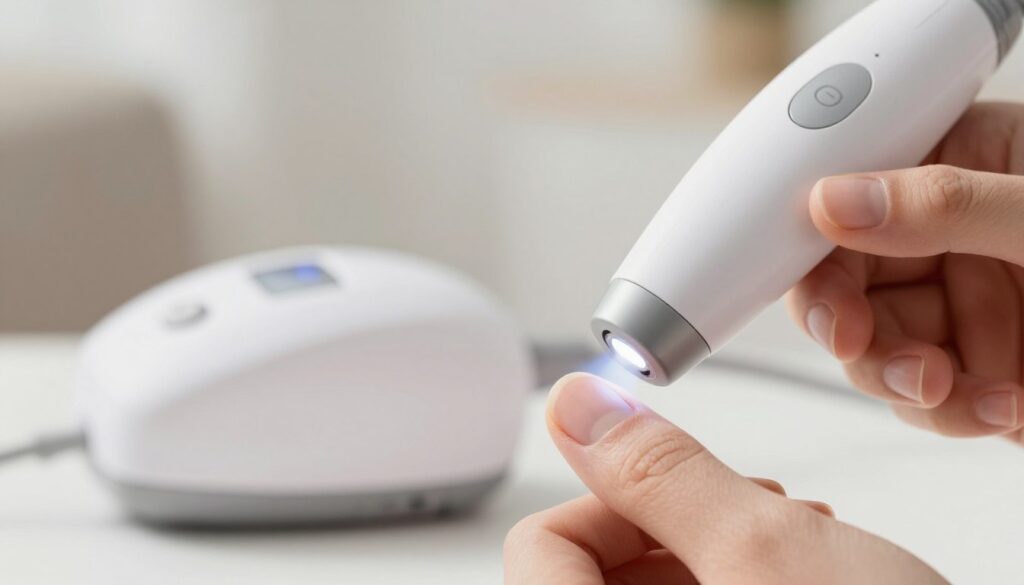 A close-up view of a healthy human fingernail, showcasing a detailed texture and a natural sheen, positioned prominently in the foreground. The middle layer features a sleek, modern home-use laser device designed for nail treatment, its light beam softly focused on the nail, casting a subtle glow. The background is blurred, suggesting a tranquil home environment, with soft, neutral colors to create a calm atmosphere. The lighting is bright and clear, accentuating the details of the nail and the device, while maintaining a professional aesthetic. The overall mood is informative and reassuring, ideal for discussing safety and side effects of at-home nail therapy methods.