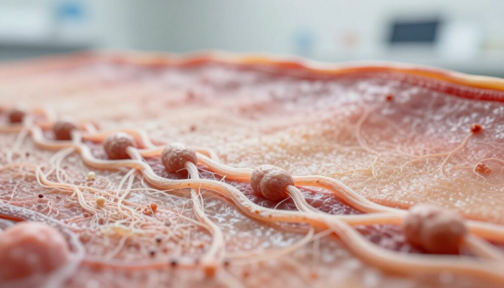 A close-up view of a healthy skin tissue section in the process of collagen remodeling. In the foreground, intricate collagen fibers are interwoven, showcasing their structure and strength, with a few fibroblasts actively synthesizing new collagen. The middle ground features a subtle gradient of skin tones representing healing tissues, with tiny blood vessels gently visible. The background subtly blurs out to give the impression of a clinical setting, perhaps a lab with soft lighting that emphasizes the texture of the tissues. Capture a hopeful and regenerative mood, reflecting the transformation from inflammation to healing. Use a macro lens effect to focus on fine details, with warm, soft lighting to enhance the organic feel of the healing process.