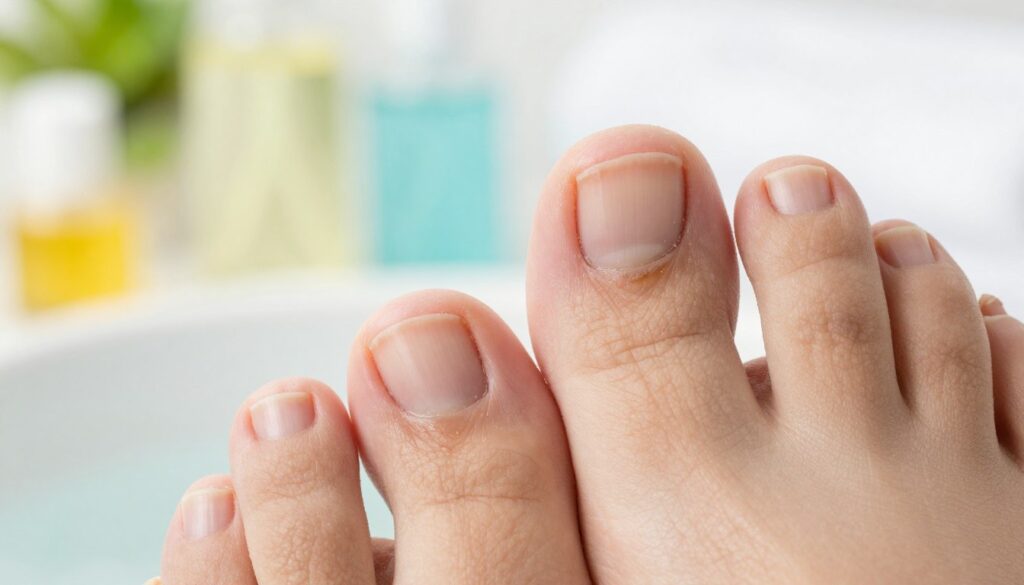 A close-up view of a healthy toenail placed next to an infected nail affected by onychomycosis, showcasing the contrast between the two. The foreground should highlight the texture and color differences, with clear signs of fungal infection, such as discoloration and brittleness on the affected nail. In the middle ground, softly blurred foot spa elements like a gentle soak or moisturizing products to suggest nail care and prevention. The background should be light and airy, with a hint of greenery or calming colors to evoke a sense of well-being and health. Use natural lighting to create a fresh and inviting atmosphere, capturing the essence of effective nail care and prevention. Aim for a vibrant, clean aesthetic that emphasizes health and hygiene.