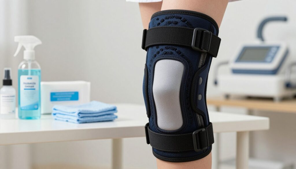 A close-up view of a high-quality knee stabilizer, displayed prominently in the foreground. The stabilizer should be made of breathable fabric, showcasing its adjustable straps and padded support. In the middle ground, a clean, organized workspace includes hygiene supplies such as antibacterial spray, wipes, and a soft cloth to illustrate proper maintenance. The background features soft-focused medical equipment and a neutral-colored environment to convey a clinical and hygienic atmosphere. The lighting should be bright and even to highlight the details of the stabilizer and hygiene products, creating a sense of cleanliness and professionalism. The mood is informative and reassuring, emphasizing the importance of care and durability in using knee stabilizers.