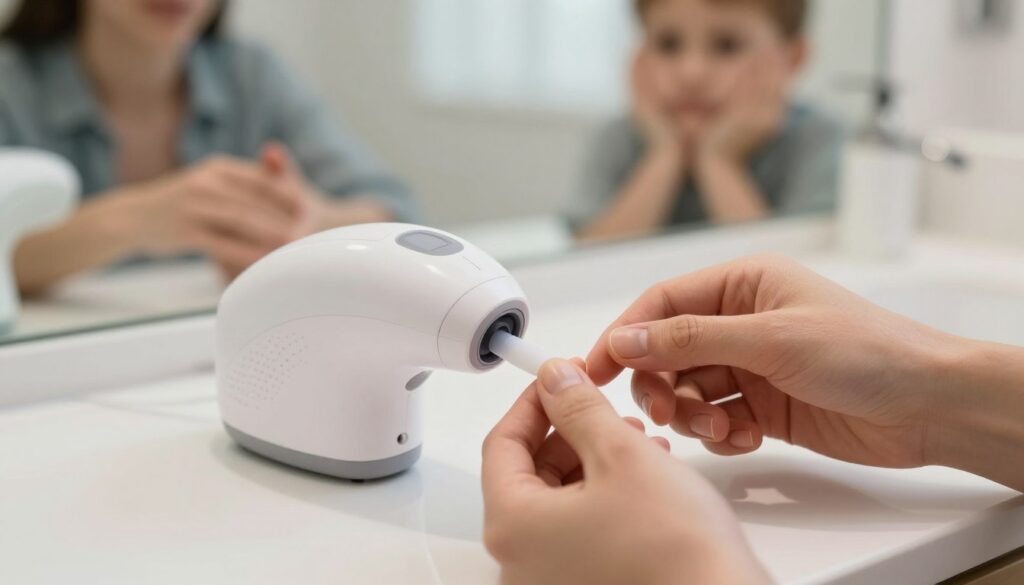 A close-up view of a home laser device designed for nail fungus treatment placed on a clean, white bathroom countertop. In the foreground, a hand gently holds a finger with a visibly healthy nail, contrasting with a blurred background of a person in casual clothing examining their other hand with a concerned expression. Soft, diffused lighting enhances the clinical feel, casting subtle shadows. The background should include hints of typical bathroom elements like a mirror and some natural light filtering in, creating a calm and hopeful atmosphere. The overall composition should convey a sense of practicality and hopefulness in managing nail fungus at home.