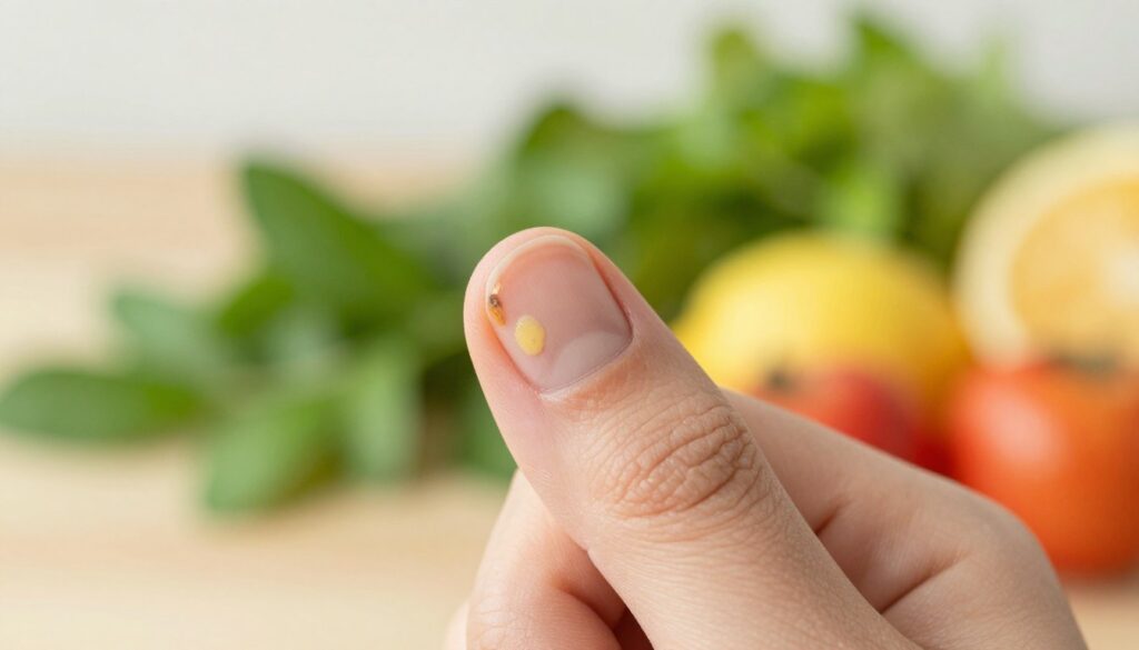 A close-up view of a human fingernail affected by onychomycosis (nail fungus), showing distinct symptoms like discoloration, thickening, and brittleness. The foreground features a well-groomed hand with a focus on the nail, highlighting various shades of yellow and brown indicative of infection. In the middle ground, include a subtle representation of natural elements such as leafy greens and colorful fruits arranged aesthetically, symbolizing dietary support in combating fungal infections. The background should be softly blurred with warm, natural lighting to create a calm and informative atmosphere. Use a shallow depth of field to emphasize the nail condition while maintaining a professional appearance, avoiding any distractions from the main subject. The overall mood is clinical yet hopeful, suggesting a pathway to recovery.