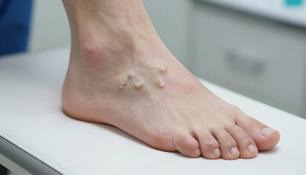 A close-up view of a human foot in a clinical setting, showcasing the various textures and characteristics of foot warts, particularly plantar warts (brodawki stóp). The foot is positioned on a clean, white examination platform, illuminated with soft, diffused lighting to highlight the skin details. In the foreground, focus on the wart formations, emphasizing their irregular shapes and the surrounding skin texture. The background features a blurred clinical environment with medical tools subtly visible, reinforcing the theme of foot care. The mood is sterile yet informative, invoking a professional atmosphere suitable for a medical discussion. No text, signs, or any overlays should be present.