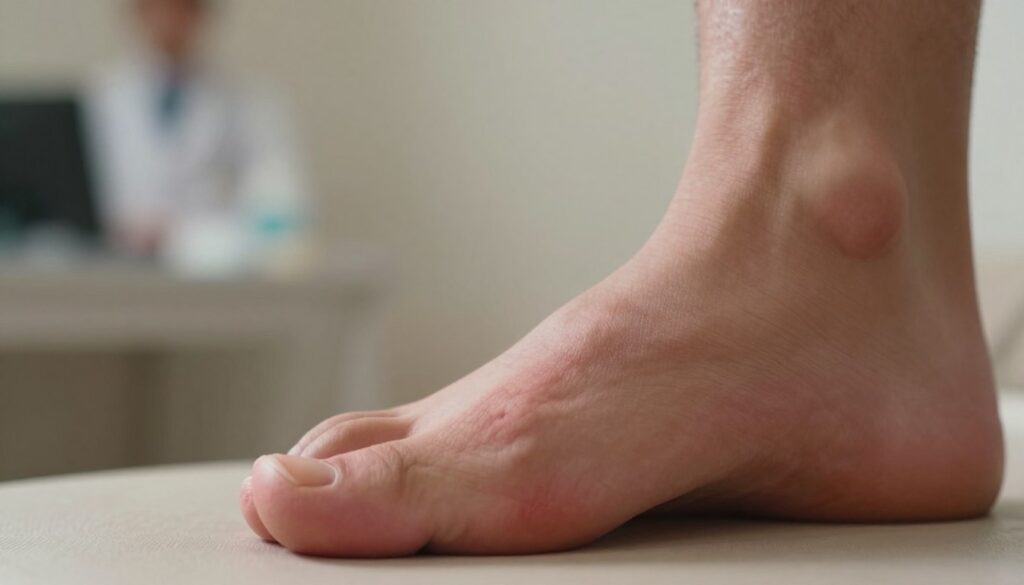 A close-up view of a human foot with a prominently ingrown toenail, illustrating redness and swelling around the nail area, focusing on the distressing pain it causes. The foreground features the toe in sharp detail, with a light source highlighting the irritation and texture of the skin. In the middle ground, there is a subtle representation of a medical environment, such as a faint outline of a doctor's office in soft focus. The background is blurred, using neutral tones to enhance the emotional atmosphere of discomfort and urgency. The lighting is warm and inviting, yet slightly dim to create a feeling of seriousness. The foot should be presented in a natural, modest position, wearing simple footwear. A close-up view of a human foot with a prominently ingrown toenail, illustrating redness and swelling around the nail area, focusing on the distressing pain it causes. The foreground features the toe in sharp detail, with a light source highlighting the irritation and texture of the skin. In the middle ground, there is a subtle representation of a medical environment, such as a faint outline of a doctor's office in soft focus. The background is blurred, using neutral tones to enhance the emotional atmosphere of discomfort and urgency. The lighting is warm and inviting, yet slightly dim to create a feeling of seriousness. The foot should be presented in a natural, modest position, wearing simple footwear.