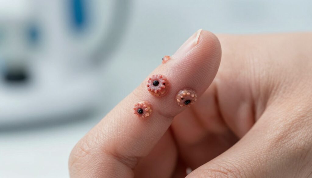 A close-up view of a human hand displaying a cluster of viral warts on a finger, emphasizing their distinct texture and color variations. The warts should appear raised, with a rough surface and small black dots in the center, set against healthy skin for clear contrast. In the background, a softly blurred medical setting illustrating a clinical atmosphere, with subtle lighting that highlights the details of the warts. The focus should reveal a sense of intrigue about treatment methods, while maintaining a clean and professional aesthetic. The image should be well-composed, using a macro lens effect to draw attention to the details, creating an informative and educational mood without distractions.