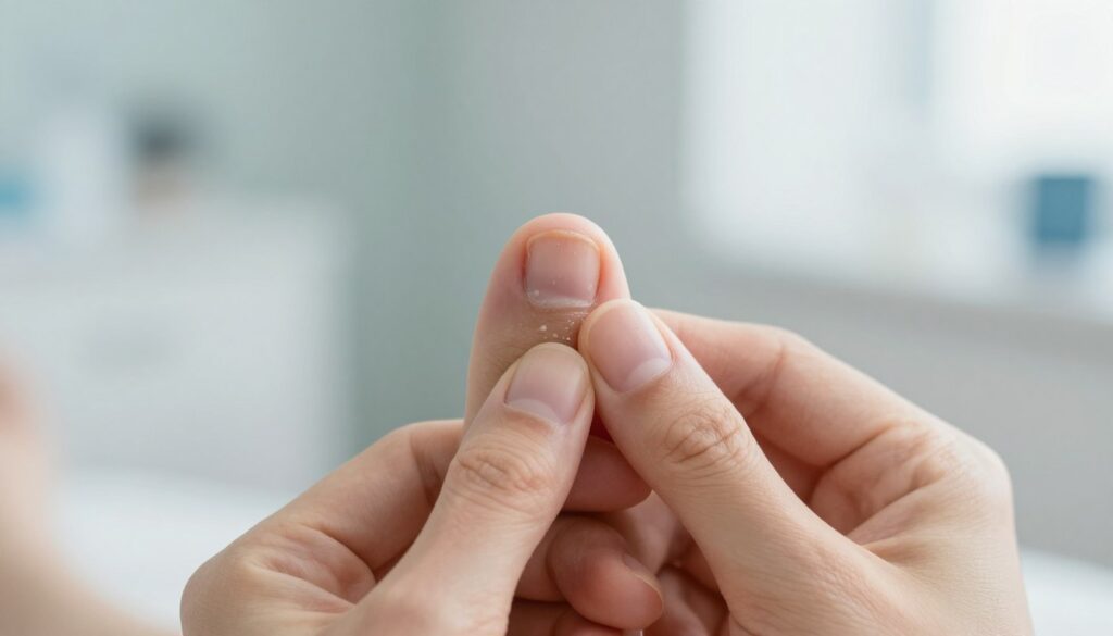 A close-up view of a human hand, showcasing a professional appearance with neatly trimmed nails, as it examines a toenail affected by nail fungus, specifically white superficial fungal infection. The affected nail should exhibit visible signs of discoloration, thickening, and an overall unhealthy appearance. In the background, a softly blurred medical setting, such as a consultation room with soft lighting that creates a calm and clinical atmosphere. The focus should be on the nail’s texture and condition, using a macro lens effect that highlights the details of the infection. Bright, natural light should illuminate the scene, emphasizing the contrast between the healthy skin and the infected nail. The overall mood is informative and clinical, conveying the seriousness of nail fungus treatment.