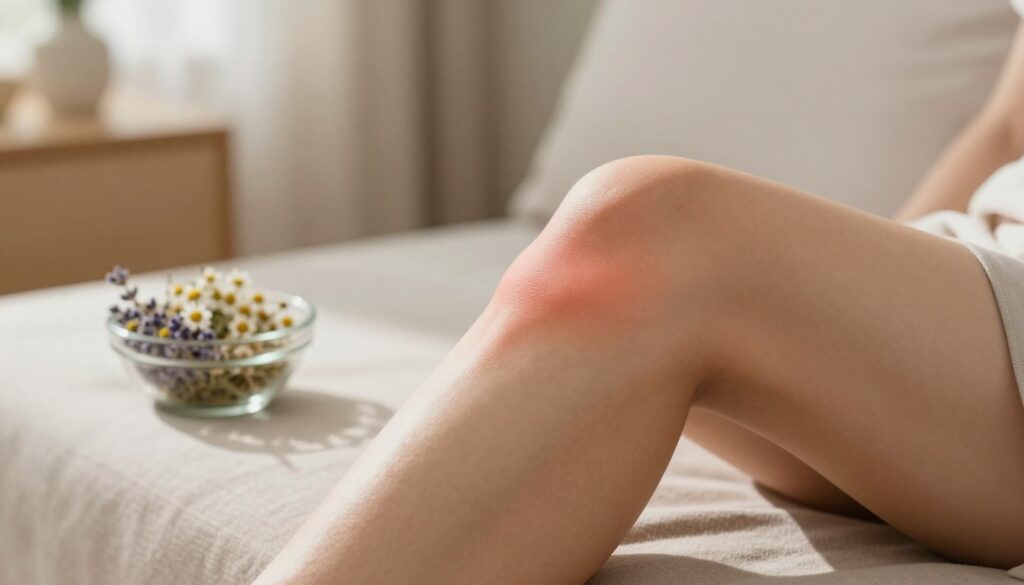 A close-up view of a human knee exhibiting swelling, highlighting the details of the skin texture and the definition of the knee joint. The foreground features a gently bandaged knee resting on a soft, neutral-colored surface like a blanket or couch, with natural light casting soft shadows. In the middle ground, include a small bowl of calming herbal remedies, such as chamomile and lavender, to suggest home remedies for pain relief. The background should be a serene, uncluttered living space with soft, ambient lighting that creates a soothing atmosphere. The overall mood is one of tranquility and comfort, illustrating the nurturing aspect of home care for knee swelling.