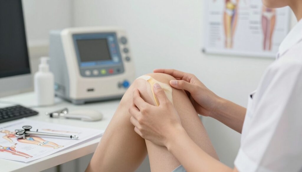 A close-up view of a human knee in a professional medical setting, showcasing the inner knee area with detailed anatomical accuracy. The foreground features a person dressed in modest, professional attire, gently flexing their leg to reveal the inner knee structure. In the middle ground, there is a variety of medical tools, like a goniometer and anatomical charts, symbolizing preventative care and diagnostics. Soft, natural lighting illuminates the scene, creating a serene and informative atmosphere. The background includes blurred medical equipment and posters about joint health, enhancing the focus on the knee while conveying professionalism and care. The image reflects a proactive approach to joint maintenance and health.