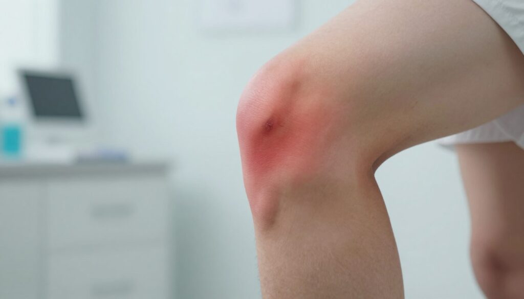A close-up view of a human knee joint affected by gout, with visible swelling and redness around the joint area. The background should feature a soft-focused medical setting, suggesting a clinic or doctor's office, with subtle hints of medical equipment. The lighting should be bright and clinical, casting soft shadows to emphasize the inflamed area. The knee, positioned in a slightly bent posture, should be the focal point, highlighting the characteristic symptoms of gout attack, including warmth and tenderness. The overall mood should be informative and serious, conveying the impact of the condition while remaining suitable for a health-related article. A close-up view of a human knee joint affected by gout, with visible swelling and redness around the joint area. The background should feature a soft-focused medical setting, suggesting a clinic or doctor's office, with subtle hints of medical equipment. The lighting should be bright and clinical, casting soft shadows to emphasize the inflamed area. The knee, positioned in a slightly bent posture, should be the focal point, highlighting the characteristic symptoms of gout attack, including warmth and tenderness. The overall mood should be informative and serious, conveying the impact of the condition while remaining suitable for a health-related article.