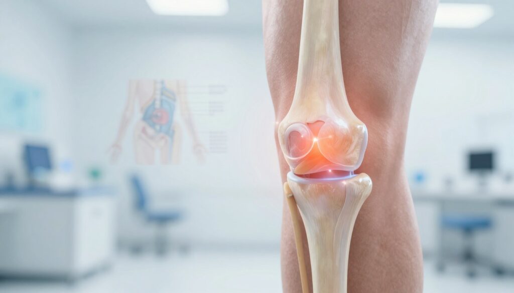 A close-up view of a human knee joint, displaying a swollen area indicative of excess fluid accumulation, often referred to as "water on the knee". The foreground should feature a detailed anatomical representation of the knee, showcasing ligaments and possibly an overlay of transparent fluid to illustrate the condition. In the middle ground, there should be a subtle gradient of blurred medical diagrams pertaining to joint health, adding depth to the image. The background should be softly lit, creating a clinical and informative atmosphere, with cool tones to enhance the sense of seriousness regarding health. The lighting should be bright but not harsh, simulating a medical examination room. No text or additional elements should be present in the image. A close-up view of a human knee joint, displaying a swollen area indicative of excess fluid accumulation, often referred to as "water on the knee". The foreground should feature a detailed anatomical representation of the knee, showcasing ligaments and possibly an overlay of transparent fluid to illustrate the condition. In the middle ground, there should be a subtle gradient of blurred medical diagrams pertaining to joint health, adding depth to the image. The background should be softly lit, creating a clinical and informative atmosphere, with cool tones to enhance the sense of seriousness regarding health. The lighting should be bright but not harsh, simulating a medical examination room. No text or additional elements should be present in the image.
