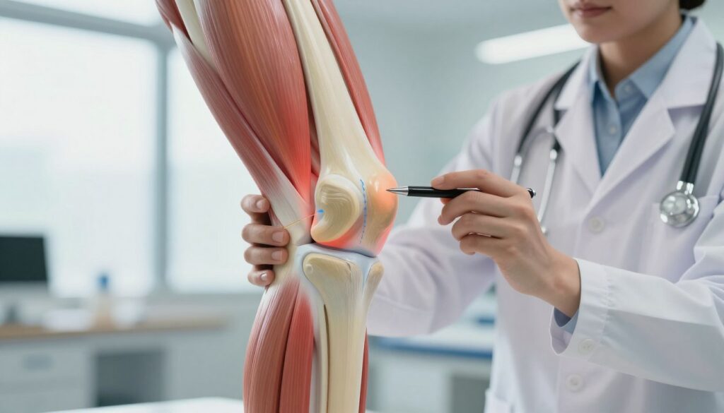 A close-up view of a human knee joint, emphasizing the patella, ligaments, and surrounding muscles. The foreground features a detailed anatomical model or a medical illustration of the knee with annotations highlighting common pain areas. In the middle ground, a healthcare professional in a lab coat examines the knee, using a pen to point out specific areas of concern. The background shows a softly blurred, modern medical clinic environment with natural lighting filtering through large windows, creating a calm and professional atmosphere. The focus should be clear and sharp on the knee, conveying a sense of urgency and care regarding joint pain.