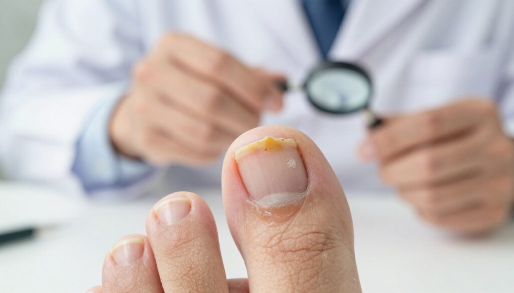 A close-up view of a human toenail affected by onychomycosis, showcasing distinct symptoms like discoloration, nail thickening, and crumbling edges. The foreground highlights the infected nail with fine details of the varying shades of yellow and white fungus, textures that contrast against a healthy nail for clear comparison. In the middle ground, a blurred view of a medical professional in a white lab coat examining the nail with a magnifier, emphasizing the diagnostic process. The background features a softly lit clinical setting with medical instruments subtly out of focus, creating an informative yet serene atmosphere. The lighting is bright and clinical, providing clarity to the details without any harsh shadows, capturing the mood of medical accuracy and professionalism.