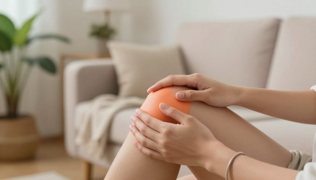 A close-up view of a knee in the foreground, showcasing a gentle hand applying a warm compress, symbolizing home remedies for knee pain relief. The knee should be depicted in a natural, realistic tone, emphasizing warmth and care, while the hand is wearing a simple, modest bracelet. In the middle ground, a calming, softly-lit environment filled with natural elements like indoor plants and soothing colors enhances the comforting mood. The background features a cozy living space with soft furnishings, such as a light-colored sofa and a blanket draped casually, suggesting a home environment. The lighting is warm and inviting, creating a serene atmosphere, with a focus on healing and support.