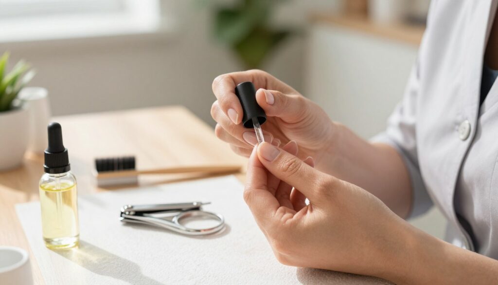 A close-up view of a manicured hand showcasing a detailed nail treatment process for healthy nails. In the foreground, a woman in professional attire gently applies a nourishing oil to her fingernails, emphasizing care and regeneration. The middle ground features a beautifully arranged nail care kit, including a small bottle of oil, nail clippers, and a soft brush, highlighting effective methods for nail healing. The background is softly blurred, showing a well-lit salon environment with light wood accents and calming greenery to enhance the soothing atmosphere. Natural daylight streams in, creating soft shadows and highlighting the textures of the nails and tools, conveying a sense of tranquility and professionalism in nail care.