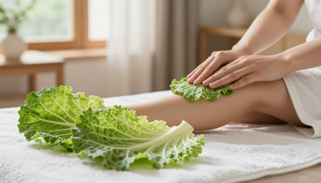 A close-up view of a natural remedy scene featuring cabbage leaves used as compresses for swollen knees. In the foreground, several vibrant green cabbage leaves are artfully arranged on a soft, clean white towel. The middle ground shows a gentle hand applying a cabbage leaf to a knee, depicting a modestly dressed individual in a serene and calming setting. The background is a soft-focus, cozy home environment with warm lighting, creating a healing atmosphere. Natural light filters in through a nearby window, illuminating the scene with a soft glow, enhancing the sense of comfort and care. The overall mood is tranquil and nurturing, emphasizing the home remedy aspect without any distractions.