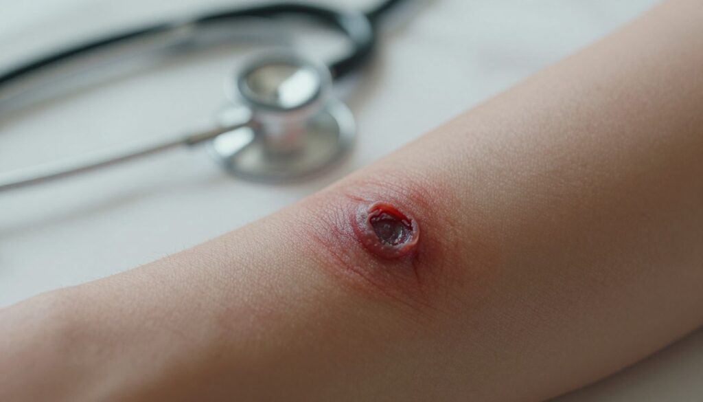 A close-up view of a partially healed wound on a forearm, showcasing various warning signs indicating poor healing. Display discoloration, swelling, and unusual textures around the wound. In the foreground, focus on the detailed skin texture, highlighting redness and irritation. In the middle ground, include a faint medical tool like a stethoscope or bandage for context, suggesting a medical setting. The background should be softly blurred to emphasize the wound, with natural lighting casting gentle shadows, creating an intimate yet serious atmosphere. Capture the mood of concern and urgency regarding health, without any text overlays or human figures, to maintain a professional tone.