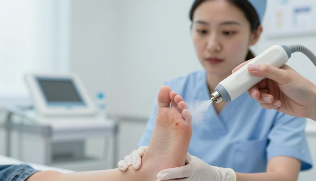 A close-up view of a pediatric patient’s foot being treated with cryotherapy for warts, showcasing the vivid contrast of the skin against a modern medical environment. In the foreground, a hand gently applies a cryotherapy device, releasing a chilling mist directed at a small wart. The middle ground features a nurse in professional attire, observing attentively and ready to assist, while the background reveals a well-equipped medical clinic with soft, natural lighting that creates a calm atmosphere. The image emphasizes the precision and care involved in the procedure, capturing a sense of hope and determination in the healing process.