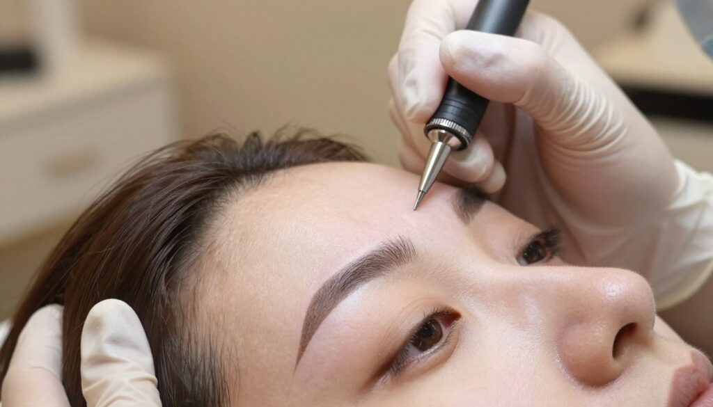A close-up view of a perfectly shaped eyebrow undergoing the process of pigmentation, showcasing the skin's response immediately after the procedure. In the foreground, highlight the rich, natural hues of the brow pigment against smooth, clean skin, emphasizing detailed textures and pigments used. The middle ground should include a subtle reflection of a beauty professional’s hands in sterile gloves applying the pigment carefully, with tools like a microblading pen or pigment vial visible. The background should softly blur, hinting at a cozy beauty salon environment with warm, inviting lighting. Overall, the mood should be calm and professional, conveying a sense of care and transformation in the eyebrow enhancement process.