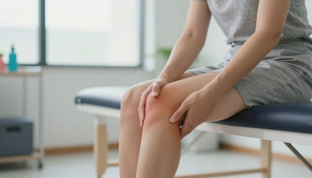 A close-up view of a person seated in a modern therapy clinic, showcasing their legs from the knees down, experiencing discomfort. The individual is wearing modest casual clothing, conveying a professional atmosphere. The focus is on their legs, which exhibit signs of swelling and heaviness, surrounded by soft, natural light filtering through large windows. In the background, clinical tools and a subtle ambiance of soothing colors suggest a healing environment. The angle captures the leg’s position, aiming to evoke empathy and a sense of relatable struggle. The mood should be calm yet serious, highlighting the importance of understanding and addressing leg pain.