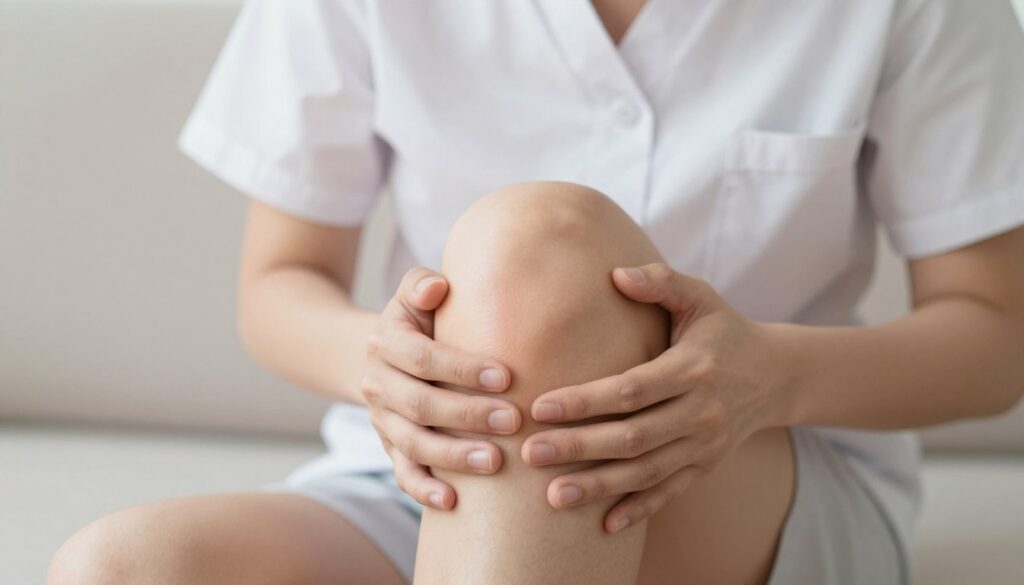 A close-up view of a person's knee from the back, highlighting the area behind the knee joint to illustrate pain and discomfort. The subject, a medically attired individual, is seated on a neutral-toned background, displaying a slight grimace to convey distress. Soft, natural lighting enhances the contours of the knee, while the focus is sharp on the back of the knee, showcasing subtle swelling and tension in the tendons and muscles. The background remains softly blurred to keep the attention on the knee's anatomy, capturing a clinical yet empathetic atmosphere that relates to mechanical injuries and strain. The composition should be focused and clean, without any distracting elements. A close-up view of a person's knee from the back, highlighting the area behind the knee joint to illustrate pain and discomfort. The subject, a medically attired individual, is seated on a neutral-toned background, displaying a slight grimace to convey distress. Soft, natural lighting enhances the contours of the knee, while the focus is sharp on the back of the knee, showcasing subtle swelling and tension in the tendons and muscles. The background remains softly blurred to keep the attention on the knee's anatomy, capturing a clinical yet empathetic atmosphere that relates to mechanical injuries and strain. The composition should be focused and clean, without any distracting elements.
