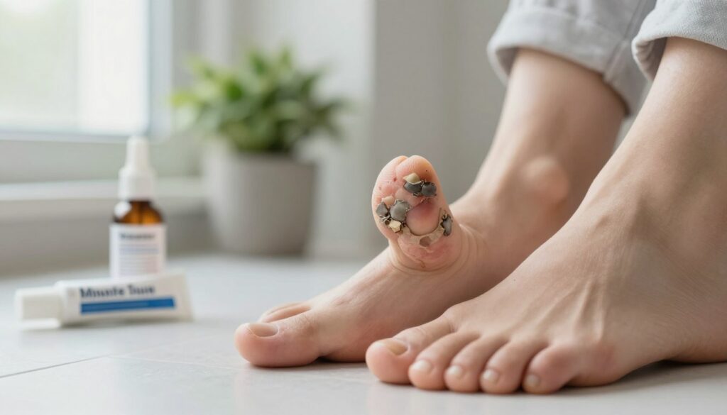 A close-up view of a person's toenails affected by toenail fungus, showcasing the distinct symptoms such as discoloration, thickening, and brittleness. The scene includes a well-lit bathroom setting with natural light filtering through a window, highlighting the details of the nails and the skin surrounding them. In the background, there are soft-focus elements like a bottle of antifungal cream and a potted plant, suggesting a safe and natural alternative for treatment. The mood is informative yet empathetic, emphasizing the importance of seeking effective and safe remedies for toenail fungus, without causing alarm. The person's feet should be modestly positioned, wearing light, casual clothing.
