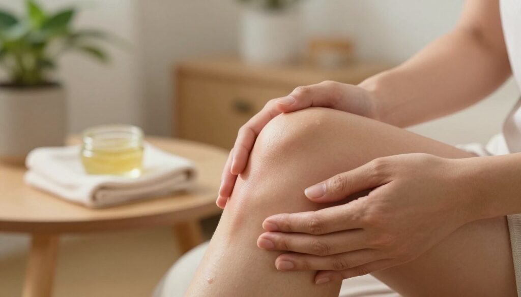 A close-up view of a person’s knee, gently cradled by hands in a caring manner, showcasing a slight grimace of discomfort. The foreground features a soft focus on the knee, emphasizing the delicate joint with subtle details of skin texture and a light sheen indicating moisture. In the middle ground, a soothing herbal salve and a soft cloth are placed strategically, suggesting home remedies for joint pain relief. The background is warm and inviting, depicting a calming, softly lit room with plants, creating a serene atmosphere. Use natural lighting that casts gentle shadows, enhancing the mood of comfort and care. The composition should evoke a sense of nurturing and support for joint health, all captured from a slightly angled perspective to create depth.