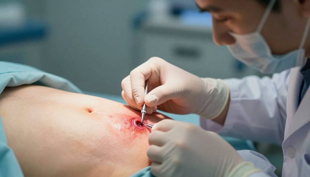 A close-up view of a physician's hands examining an incision around a navel, showcasing signs of infection such as redness, swelling, and discharge. The background is softly blurred, featuring surgical tools and a sterile environment to emphasize a clinical setting. The lighting is bright and focused on the incision site, enhancing the details of the skin condition. The physician, dressed in a professional white coat and gloves, appears to be carefully assessing the wound with a thoughtful expression. The overall mood is serious yet clinical, conveying the importance of identifying infection symptoms post-laparoscopy.
