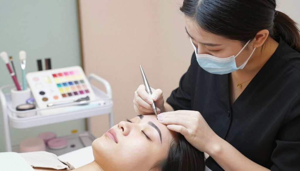 A close-up view of a professional beauty technician presenting a color stabilization session for permanent makeup on a client's eyebrows. The foreground features the technician, wearing a sleek black blouse, meticulously examining the client's brows under soft, diffused lighting. The client, dressed in a modest light-colored shirt, appears relaxed in a spa-like setting. In the middle ground, various beauty tools and color swatches are displayed, hinting at the precision involved in the stabilization process. The background showcases a serene treatment room with calming pastel colors and neatly arranged cosmetics, enhancing the professional atmosphere. The mood is calm and focused, highlighting the importance of aftercare and the meticulous nature of the color stabilization process in permanent makeup.