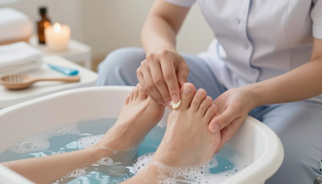 A close-up view of a professional foot care setup after a toenail procedure. In the foreground, a pair of well-groomed feet resting in a soothing foot bath, with delicate bubbles and soft blue water reflecting gentle lighting. In the middle, a professional therapist in modest casual clothing is gently applying a soothing cream to one foot, demonstrating proper aftercare techniques. The background features a calming spa environment with soft, ambient lighting, essential oils, and neatly arranged foot care tools. The mood is serene and therapeutic, emphasizing comfort and relaxation in foot care post-treatment, with a focus on hygiene and well-being.