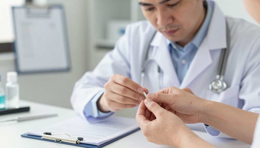 A close-up view of a professional-looking doctor examining a hand with visible viral warts. In the foreground, the doctor's focused expression and careful handling of the patient's hand are highlighted, showcasing a single wart for clarity. In the middle ground, medical tools and a clipboard add context, indicating an examination environment. The background features soft-focus medical charts and sterile equipment, reinforcing the clinical setting. The image is well-lit with natural light filtering in, creating a calm and informative atmosphere. The overall mood is educational and professional, demonstrating the seriousness of debunking myths related to wart treatments.