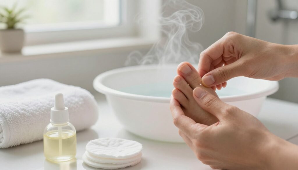 A close-up view of a professional-looking hand gently holding an inflamed toe with an ingrown nail, showcasing effective home remedies nearby. The foreground features a soothing gel and natural plant-based ointment, carefully arranged with a few cotton pads. The middle section includes a plush towel and a white basin of warm, soapy water, gently steaming to convey comfort. The background is softly blurred, depicting a cozy bathroom environment with natural light filtering through a frosted window, enhancing the serene atmosphere. The overall mood is calming and informative, emphasizing the essence of self-care and relief from discomfort. The image should not contain any captions or text overlays.