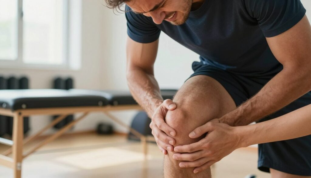 A close-up view of a professional male athlete in sports attire, demonstrating a knee flexion while visibly grimacing in pain, showing the signs of knee discomfort. In the foreground, the athlete's knee is highlighted, with emphasis on the knee joint and surrounding muscles, capturing the tension and strain. The middle layer features a soft focus on a sports therapy setting, with a therapist's hands gently assessing the knee, demonstrating care and expertise. In the background, a well-lit gym environment with exercise equipment subtly blurred to maintain emphasis on the athlete’s knee. The lighting is warm and natural, evoking a sense of hope and healing. Convey a mood of concern and the urgency of addressing knee issues while promoting a sense of professionalism.