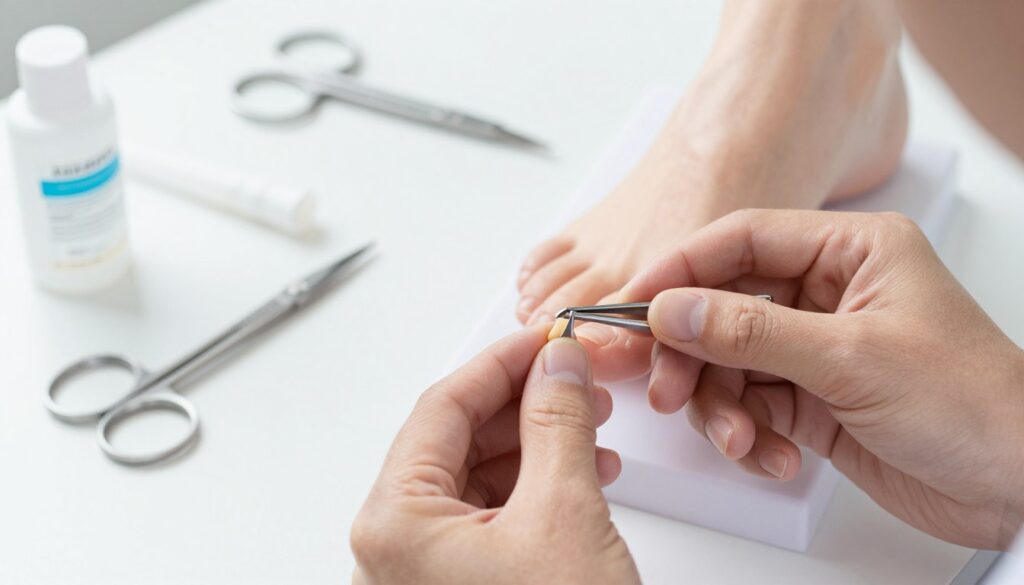 A close-up view of a professional podiatrist's hands carefully removing an ingrown toenail fragment using sterile instruments. The foreground shows focused hands holding tweezers and a small nail cutter, with a well-lit medical workspace around them. The middle section reveals an anatomical model of a foot, highlighting the area around the toenail, while tools such as scissors and antiseptic are organized neatly in the background. Soft, diffused natural lighting creates a clean and sterile atmosphere, emphasizing professionalism and precision in the technique. The image conveys a mood of safety and care, reflecting the importance of proper podiatric techniques in treating ingrown nails. A close-up view of a professional podiatrist's hands carefully removing an ingrown toenail fragment using sterile instruments. The foreground shows focused hands holding tweezers and a small nail cutter, with a well-lit medical workspace around them. The middle section reveals an anatomical model of a foot, highlighting the area around the toenail, while tools such as scissors and antiseptic are organized neatly in the background. Soft, diffused natural lighting creates a clean and sterile atmosphere, emphasizing professionalism and precision in the technique. The image conveys a mood of safety and care, reflecting the importance of proper podiatric techniques in treating ingrown nails.