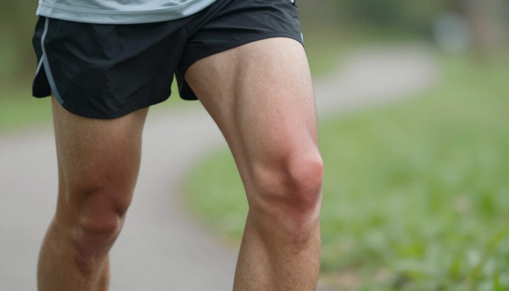 A close-up view of a runner's knee, highlighting the signs of runner's knee syndrome. Focus on the knee joint area, showing slight swelling and inflammation around the patella, with visible muscle tension in the surrounding quadriceps. The runner is wearing professional athletic gear, such as shorts and a breathable shirt, in a calm outdoor setting. Natural lighting illuminates the scene, creating soft shadows that emphasize the contours of the knee. In the background, a subtle blur of green grass and a winding path indicates a running trail, contributing to the atmosphere of a serene yet active environment. The mood is reflective, emphasizing the importance of recognizing symptoms of knee overload for safe return to training.