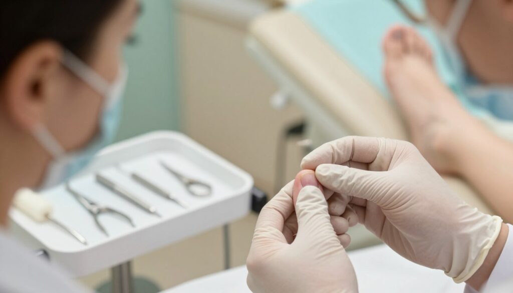 A close-up view of a safely treated ingrown toenail, highlighting the nail and surrounding skin. The foreground features a professional-looking podiatrist gently examining the toe, wearing sterile gloves and a focused expression. In the middle of the image, include a clean and organized treatment area with medical tools neatly arranged, showcasing a sense of hygiene and professionalism. The background is softly blurred, depicting a well-lit clinic setting with calming colors, enhancing the mood of safety and care. Natural light filters in, creating a warm atmosphere. The composition is shot at eye level, emphasizing the professionalism of the scene while ensuring a clear view of the ingrown toenail.