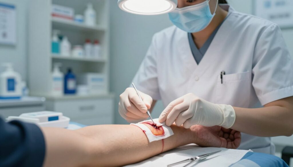 A close-up view of a skilled healthcare professional applying advanced wound care methods to a patient’s arm in a clinical setting. The foreground features the wound, carefully dressed and surrounded by sterile tools, with a focused light illuminating the area to enhance details. In the middle, the healthcare worker, dressed in professional medical attire, is gently tending to the wound, showcasing expertise and compassion. The background features a clean, organized medical room with shelves of supplies and medical charts, adding a sense of professionalism. The overall atmosphere is serene and focused, emphasizing the importance of proper treatment for difficult-to-heal wounds, while the lighting highlights the precision and care involved in the healing process.