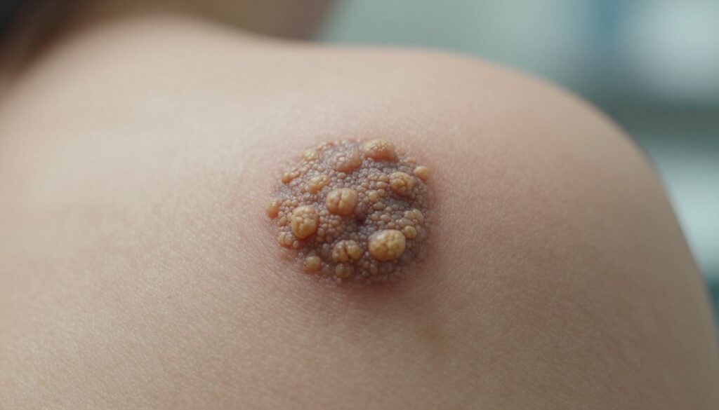 A close-up view of a viral wart on human skin, focusing on its texture and details. The foreground features a well-defined, raised bump with a rough, irregular surface, showcasing varying shades of beige and brown. The middle ground captures the surrounding skin, highlighting a normal texture that contrasts with the wart. The background is softly blurred, suggesting a clinical environment, with cool, neutral colors to enhance the medical context. Soft, diffused lighting illuminates the wart from an angle, casting gentle shadows that emphasize its three-dimensional form. This image conveys a clinical, informative mood, aiming to educate the viewer about the characteristics of viral warts.