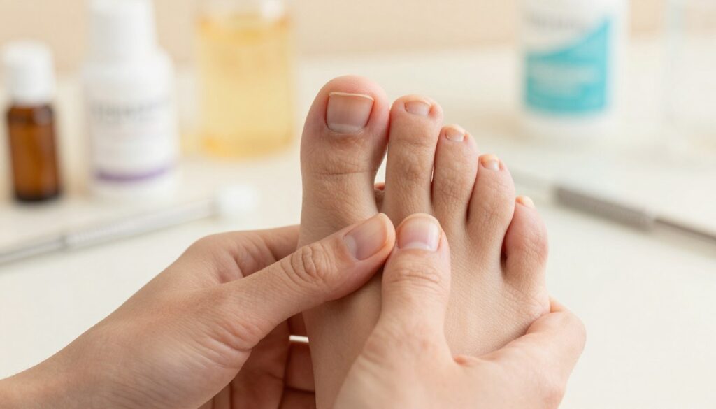 A close-up view of an adult's hands gently holding a foot with visibly affected toenails, showcasing symptoms of nail fungus. The foreground features the hands with well-groomed fingernails, while the focus is on the toenails exhibiting discoloration, thickening, and brittleness, indicating fungal infection. In the middle ground, a softly lit clinical setting is visible, with a sterile environment and medical tools subtly placed in the background. The lighting is warm and inviting, enhancing the details of the nails without harsh shadows. The overall mood is educational and informative, aimed at raising awareness about nail fungus symptoms. No text or additional graphics are present. A close-up view of an adult's hands gently holding a foot with visibly affected toenails, showcasing symptoms of nail fungus. The foreground features the hands with well-groomed fingernails, while the focus is on the toenails exhibiting discoloration, thickening, and brittleness, indicating fungal infection. In the middle ground, a softly lit clinical setting is visible, with a sterile environment and medical tools subtly placed in the background. The lighting is warm and inviting, enhancing the details of the nails without harsh shadows. The overall mood is educational and informative, aimed at raising awareness about nail fungus symptoms. No text or additional graphics are present.