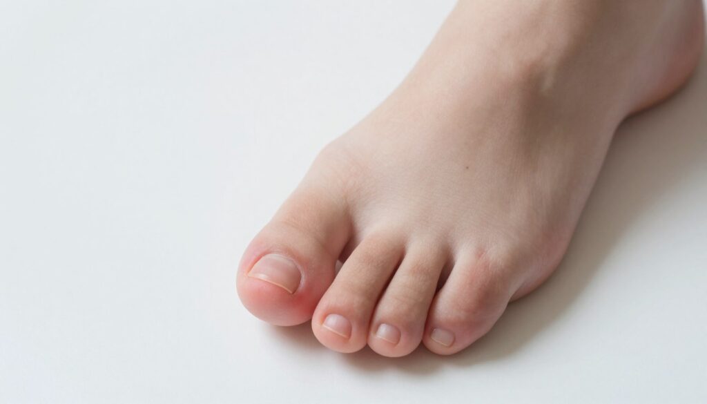 A close-up view of an individual’s foot, specifically focusing on the toes where ingrown toenails are present. The ingrown nails should be visibly causing discomfort, showcasing redness and slight swelling around the affected area. The foot is positioned on a sterile white background to emphasize cleanliness and medical precision. Soft, diffused lighting casts a gentle glow, highlighting the contours of the foot and drawing attention to the nails. The angle is slightly from above, allowing a clear view of the toenails. The atmosphere is clinical yet compassionate, aiming to inform the viewer about the importance of effective correction for ingrown toenails.