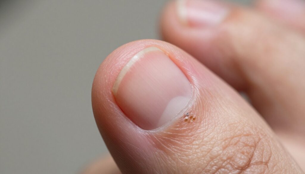 A close-up view of an infected nail bed, illustrating the risk of secondary infections in the area surrounding the nail matrix. The foreground shows a detailed, magnified image of a fingernail with onycholysis, displaying clear separation from the nail bed and signs of fungal infection. The skin surrounding the nail is slightly inflamed, with a reddish hue, highlighting the seriousness of the condition. In the middle ground, soft, diffused lighting enhances the textures of the nail and skin, creating an informative and clinical atmosphere. The background is a blurred, neutral color to avoid distraction, emphasizing the focus on the nail. The overall mood is serious and educational, aimed at raising awareness about nail health.