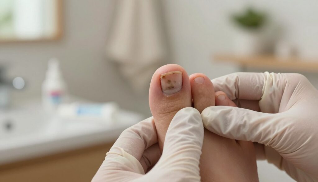 A close-up view of an infected toenail showcasing symptoms of onychomycosis, with the nail visibly discolored, thickened, and brittle. The foreground features a hand gently examining the toenail, wearing sterile gloves to emphasize a clinical setting. In the middle ground, there is a soft-focus representation of a bathroom, subtly hinting at hygiene practices, with items like antifungal cream and a foot bath. The background is softly blurred, depicting general home decor, creating an everyday atmosphere. The lighting is warm and inviting, with natural light filtering through a window, providing a sense of comfort and realism. The overall mood is educational yet concerned, suitable for an informative health article.