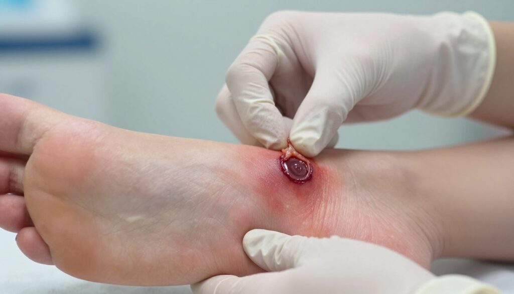 A close-up view of an infected wound on a foot, prominently featuring redness, swelling, and purulent discharge, highlighting signs of infection such as warmth and irritation. The foreground captures the wound in sharp detail, showcasing the surrounding skin texture and color variations. The middle ground incorporates a pair of hands wearing professional, sterile gloves, gently examining the wound with a focus on careful observation. The background softly blurs to show a clean, medical environment with gentle lighting, creating a calm and clinical atmosphere. The mood conveys urgency yet remains informative, suitable for educational purposes. The image should be free from any text, watermarks, or signatures. A close-up view of an infected wound on a foot, prominently featuring redness, swelling, and purulent discharge, highlighting signs of infection such as warmth and irritation. The foreground captures the wound in sharp detail, showcasing the surrounding skin texture and color variations. The middle ground incorporates a pair of hands wearing professional, sterile gloves, gently examining the wound with a focus on careful observation. The background softly blurs to show a clean, medical environment with gentle lighting, creating a calm and clinical atmosphere. The mood conveys urgency yet remains informative, suitable for educational purposes. The image should be free from any text, watermarks, or signatures.