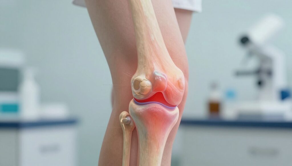 A close-up view of an inflamed human knee joint, highlighting the internal structures with emphasis on the synovial fluid buildup. The foreground features a detailed anatomical illustration of the knee, with visible inflammation, swelling, and redness around the joint, capturing the condition of untreated inflammation. The middle layer shows a faint overlay of medical diagrams or labels indicating the parts of the knee, while a blurred clinical environment fills the background, providing a sense of a medical setting without distraction. Soft, diffused lighting enhances the details of the knee joint, creating a clinical, informative atmosphere. The mood is serious and educational, focusing on the implications of untreated joint inflammation.