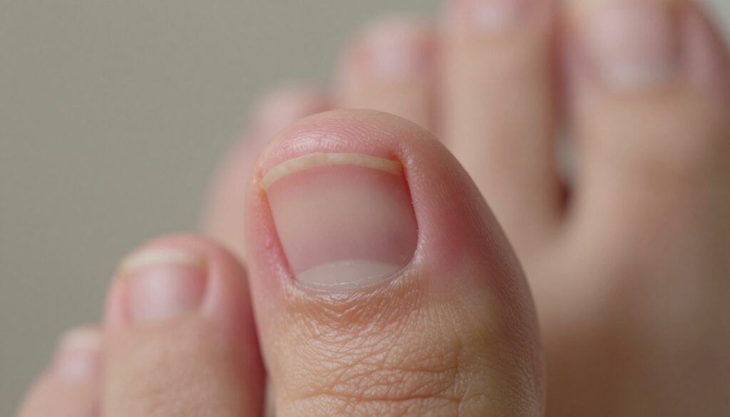 A close-up view of an ingrown toenail, highlighting the affected nail and surrounding skin. The foreground shows a detailed, slightly side-angle view of the toe with the ingrown nail visibly pressing against the flesh, illustrating the discomfort it causes. The middle ground features well-lit skin with hints of redness and inflammation, capturing signs of irritation. The background is softly blurred with a neutral tone to emphasize the subject, evoking a clinical but informative atmosphere. Use soft lighting to create depth and enhance the texture of the skin and nail. The image exudes a sense of concern and awareness, suitable for educational purposes.