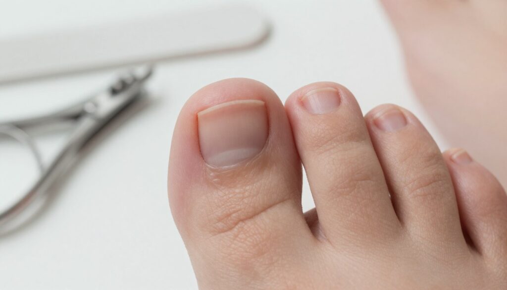 A close-up view of an ingrown toenail on a human foot, highlighting the affected area with a focus on the nail embedded into the surrounding skin. The foot is positioned so that the toenail is clearly visible, surrounded by healthy skin to contrast the issue. Soft, natural lighting illuminates the scene, creating a clinical but approachable atmosphere. In the background, a lightly blurred set of nail care tools—like nail clippers and a file—suggests a safe and professional environment for treatment. The image conveys an educational tone, allowing readers to understand the nail condition without any disturbing elements. The overall composition should be clear and detailed, with a focus on the toenail and its surroundings, all captured at eye level to create an intimate perspective.