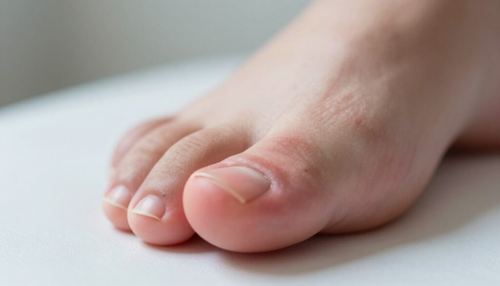 A close-up view of an ingrown toenail on a human foot, showcasing the painful redness and inflammation around the nail. The foreground focuses on the affected toe, emphasizing the curved nail that is embedding into the surrounding skin. In the middle ground, detail the swollen area with subtle textures of skin and slight bruising. The background is softly blurred, hinting at a clinical setting with neutral colors to convey a sense of professionalism and hygiene. Soft, natural lighting illuminates the toe, creating gentle highlights and shadows that accentuate the distress of the condition. The overall mood is serious and informative, suitable for a health-focused article.