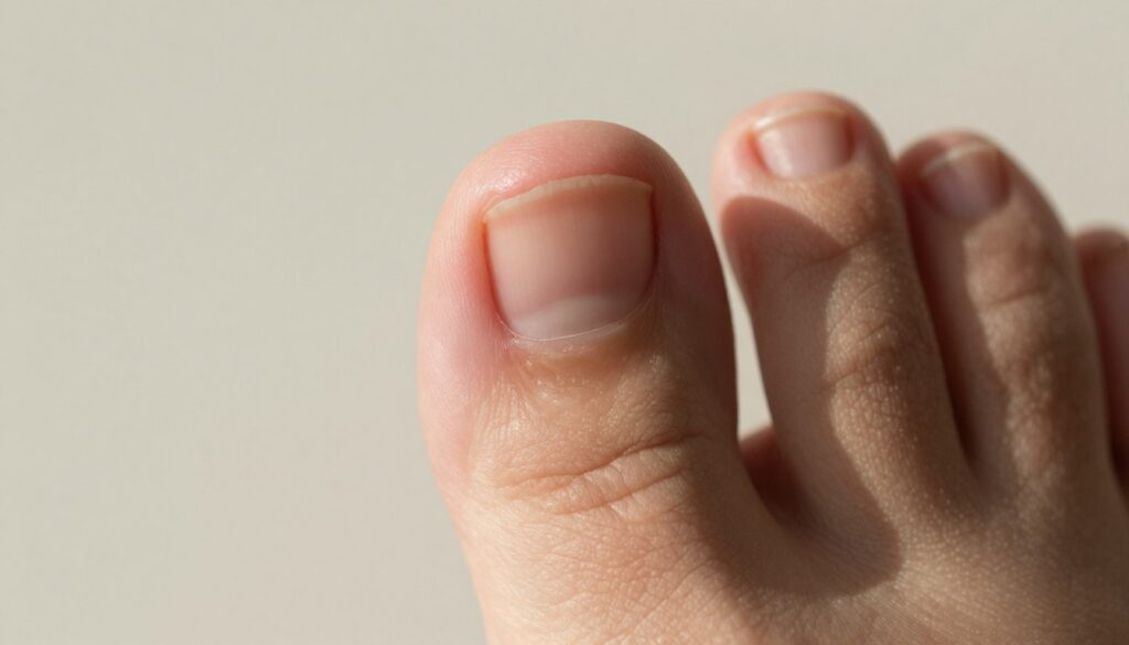 A close-up view of an ingrown toenail on a well-groomed foot, positioned in the center of the frame. The toenail is visibly curved into the surrounding skin, with slight redness and swelling indicative of irritation. Natural lighting casts soft shadows, enhancing the fine details of the nail and skin. A light, neutral background to keep the focus on the foot, creating a clinical yet approachable atmosphere. The overall composition conveys a sense of urgency and care, inviting viewers to understand this common condition. Capture the texture of the skin and the nail with a macro lens effect, emphasizing the importance of recognizing symptoms related to ingrown toenails.