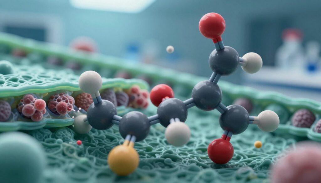 A close-up view of an intricate molecular structure representing the mechanism of action of amorolfine, highlighting its interaction with fungal cells. In the foreground, illustrate the amorolfine molecules with vibrant colors, showcasing their chemical bonds and active sites. The middle layer should feature stylized fungal cell walls being disrupted, with visual cues indicating efficacy and action. The background can include a blurred laboratory environment, softly lit with cool blue and green tones to evoke a scientific atmosphere. Use a macro lens effect to bring out the details, with focused lighting enhancing the textures of the molecules. The overall mood should be informative and dynamic, representing the battle against nail fungus.