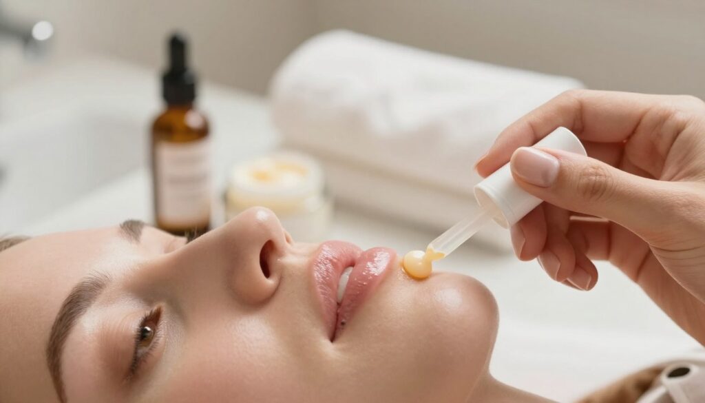 A close-up view of beautifully cared-for lips, showcasing the process of lip healing after a permanent makeup procedure. The foreground features smooth, hydrated lips with a subtle sheen, reflecting a nurturing lip balm being gently applied by a hand adorned with elegant, well-groomed nails. In the middle, there’s a small, aesthetically pleasing arrangement of natural skincare products, such as a lip serum, soothing ointment, and a soft, fluffy towel, creating a sense of self-care. The background is softly blurred with warm, natural lighting that evokes a calm, relaxing atmosphere, perhaps hinting at a chic, minimalistic bathroom or vanity space. The scene conveys tranquility and the importance of skincare during healing, inviting viewers to focus on self-pampering.