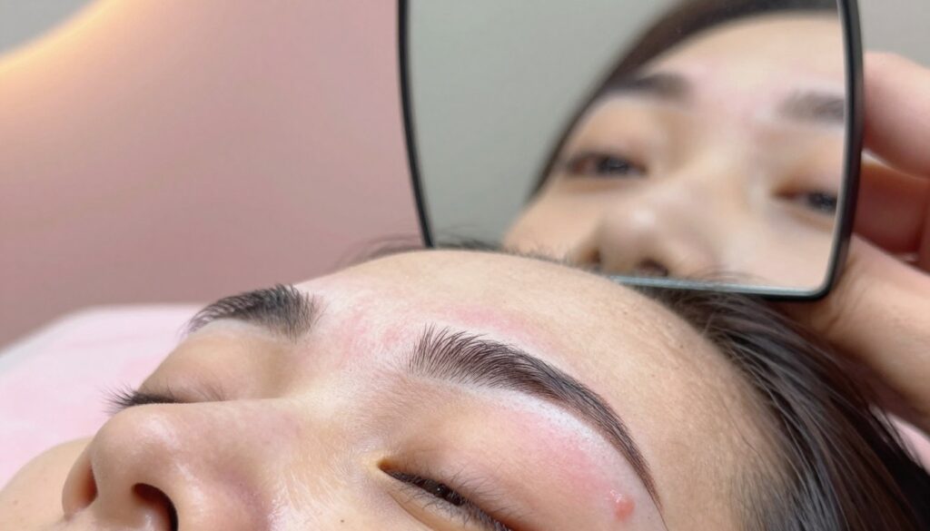 A close-up view of freshly treated brows showcasing permanent makeup, emphasizing the healing skin around them. The foreground captures meticulously defined eyebrows with a natural arch, displaying soft pigmentation and minimal redness. Small patches of healed skin are visible, providing a realistic depiction of the healing process. In the middle ground, a gentle hand holding a mirror reflects the brows, while a soft-focus background displays calming pastel colors, suggesting a serene beauty salon ambiance. Soft, diffused lighting bathes the scene, creating a warm and welcoming atmosphere. The focus is on the brows, highlighting the artistry of permanent makeup and the common concerns clients might have about the healing process.